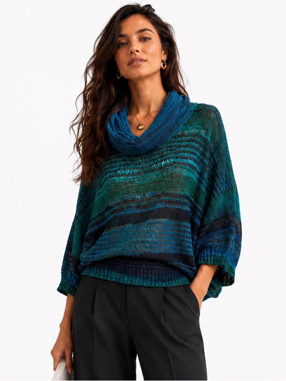Curio Blue Green Open Knit Cowl‎ Neck Dolman Sweater M